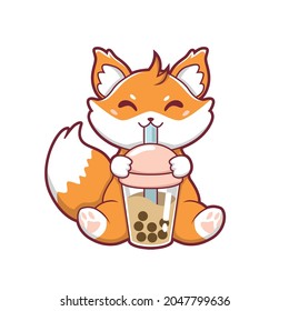 fox cute drinking boba vector illustration design