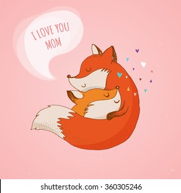 Fox, cute, lovely illustration and greetin card, Mother's day