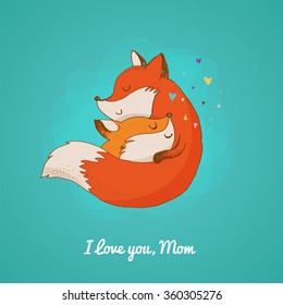 Fox, cute, lovely illustration and greetin card, Mother's day