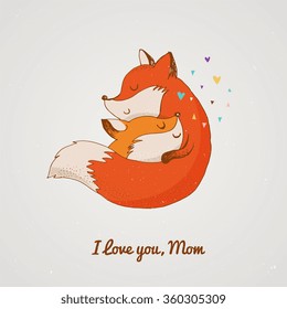 Fox, cute, lovely illustration and greetin card, Mother's day