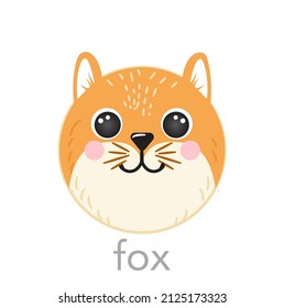 Fox Cute portrait with name text smile head cartoon round shape animal face, isolated vector icon illustrations on white background. Flat simple hand drawn for kids poster, t-shirts, baby clothes