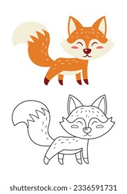 Caricatura de la ilustración portadora de Fox lindo vectorial aislada en fondo blanco. Vector de Fox coloreado e incoloro. Cuta página de coloreo para los niños. 