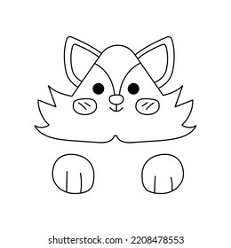 Fox cute1. Cute fox face and paws. Cartoon vector black and white illustration.