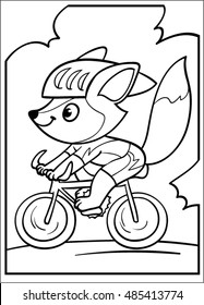 Fox cyclists. Cartoon Vector Illustration.Coloring. Isolated on white background
