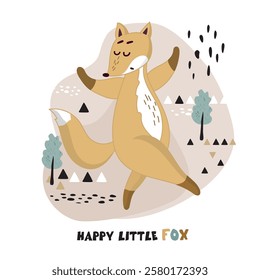 fox dancing, scandinavian style illustration, fox card, t-shirt design, kids clothes, scandinavian style fabric, pattern, minimalism, cute fox, inscription, little fox, forest, gematrical elements