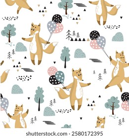 fox dancing, scandinavian style illustration, fox card, t-shirt design, kids clothes, scandinavian style fabric, pattern, seamless pattern, minimalism, cute fox, inscription, little fox, forest