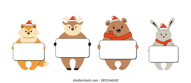 Fox, deer, bear and hare holding blank banner. Cartoon animals template frames, text box set. funny photos or notes, card and memories. Scrapbook design concept vector