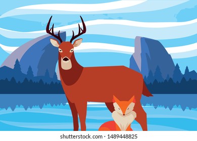 fox and deer mammal happy autumn season design