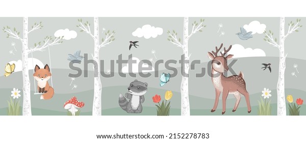 Fox, deer, raccoon. Wall mural with forest theme. Vector hand drawn illustrations