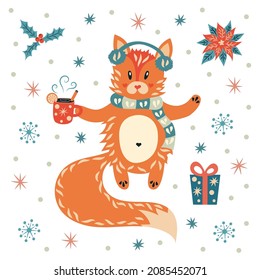 Fox with delicious hot drink, Christmas gift, poinsettia and holly. New Year decoration.