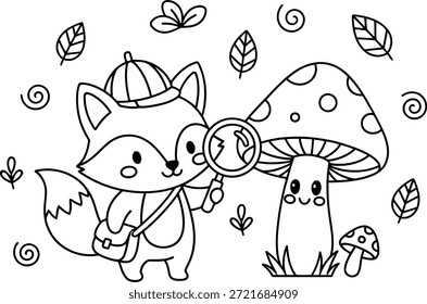 Detective zorro explorando el bosque con una lupa y un amigable hongo. Arte de línea en blanco y negro perfecto para libros para colorear en preescolar, hojas de trabajo educativas y manualidades creativas de bricolaje.
