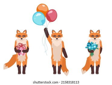 Fox with different holiday attributes. Animal in cartoon style.