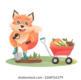 Fox digging up ground with shovel to take carrots. Cute fox character working in garden. Vector illustartion