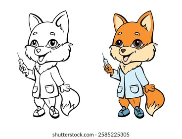 Fox doctor, nurse with a syringe for vaccination. Coloring book with an example for kids. Bright vector illustration for studying professions, for a children's book, print, educational materials