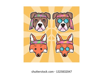 Fox and Dog in Hippie Style Vector Illustration