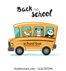 Fox, Dog, Panda In School Bus And Inscription Back To School