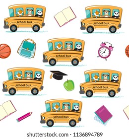 Fox, dog, panda in school bus and school items seamless pattern on a white background