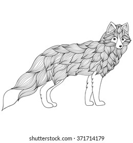 
Fox , dog or wolf of the waves , doodle illustrations . It can be used llja tattoo , print , T-shirt logo or coloring for adults
