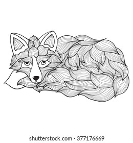 Fox , dog or wolf of the waves , doodle illustrations . It can be used llja tattoo , print , T-shirt logo or coloring for adults