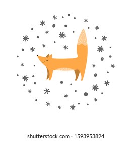 Fox and doodle snowflakes background. Winter background with cute animals. Scandinavian style. Vector illustration.