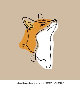 Fox drawing line art on color background. Fox drawing with single line, Orange and white background. A fox staring into the air.