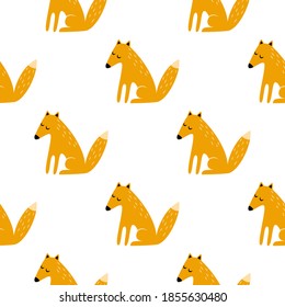 Fox drawn in cartoon style. Seamless pattern for fabric, wrapping paper, wallpaper. Vector.