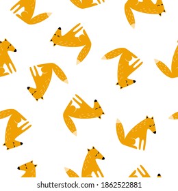 Fox drawn in cartoon style. Seamless pattern for fabric, wrapping paper, wallpaper. Vector.