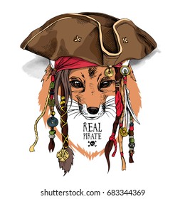 Fox with dreadlocks in a pirate hat and in a bandana. Vector illustration.