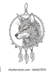 Fox in the Dreamcatcher. Hand-drawn fox with ethnic floral doodle pattern. Coloring page - zendala, design for for adults, vector illustration, isolated on a white background. Zen doodles.