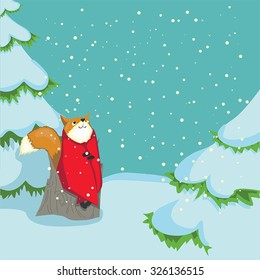 Fox dreaming in winter forest. Can be used in web design or printed on fabric/paper.