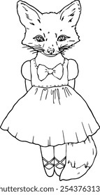 Fox in a dress. Vector illustration of a little fox in a dress with a bow and pointe shoes. Creating a coloring book, a dance school logo, products for girls. Sports, hobbies and interests for girls.