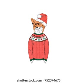 Fox Dressed Up In Funny Christmas Sweater, Furry Art Illustration