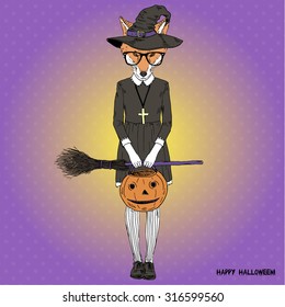 fox dressed up in halloween suit, furry art character, halloween greeting design