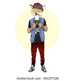 fox dressed up in hip hop style, furry art illustration, fashion animal