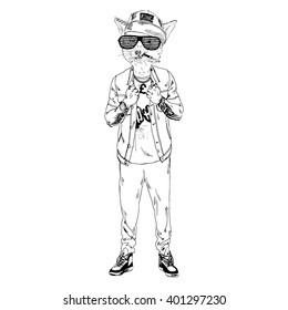 fox dressed up in hip hop style, furry art illustration, fashion animal
