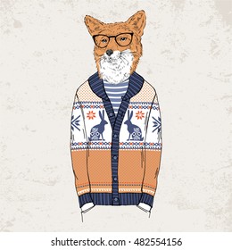 fox dressed up in jacquard pullover, anthropomorphic illustration, fashion animals