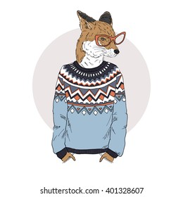 fox dressed up in jacquard pullover, furry art illustration, fashion animal