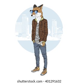 fox dressed up in leather jacket, furry art illustration, fashion animal