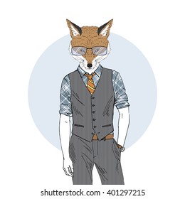 fox dressed up in office style, furry art illustration, fashion animal