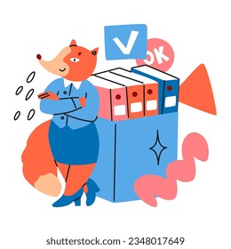 Fox als Büroangestellter steht zufrieden mit einer Schachtel von Dokumenten. Konzept des Büroangestellten. Tiere in der Wirtschaft und im Finanzwesen. Vektorgrafik einzeln auf weißem Hintergrund.