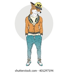 fox dressed up in sporty style, furry art illustration, fashion animal