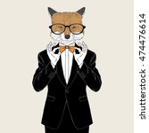 fox dressed up in tuxedo adjusting his tie bow, anthropomorphic illustration, fashion animals