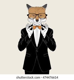 fox dressed up in tuxedo adjusting his tie bow, anthropomorphic illustration, fashion animals