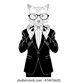 fox dressed up in tuxedo adjusting his tie bow, anthropomorphic illustration, fashion animals