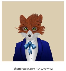 fox dressed in a tuxedo with present, anthropomorphic illustration, festive character, vector illustration