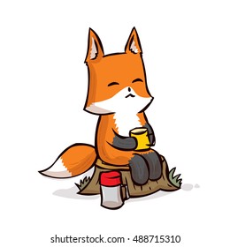 Fox drinking tea from a thermos. Hand drawn vector illustration.