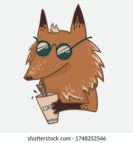 fox drinks coffee, vector illustration