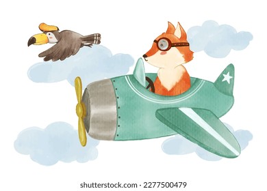 Fox conduce un avión en el cielo con un pájaro de los cuernos. Pintura acuarela realista con textura de papel. Diseño de caricaturas. Vector.