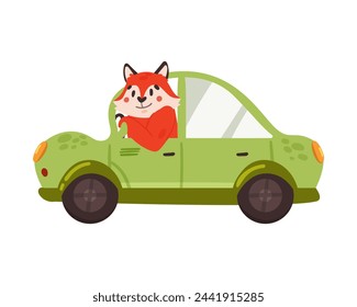 Fox driving a car. Animal using transport, funny wild driver flat vector illustration