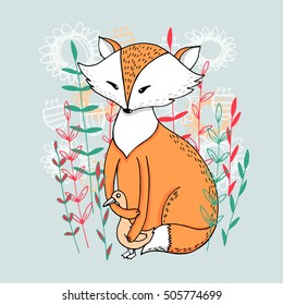Fox and duck in flowers. Vector illustration